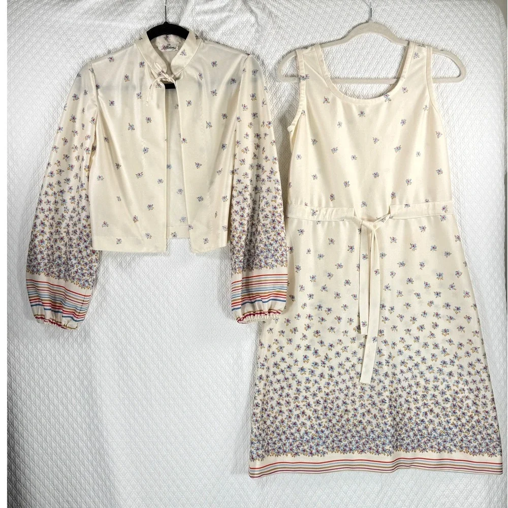 Vintage The Kollection Floral Midi Dress and Jacket Set Cream Blue Red 70s Style